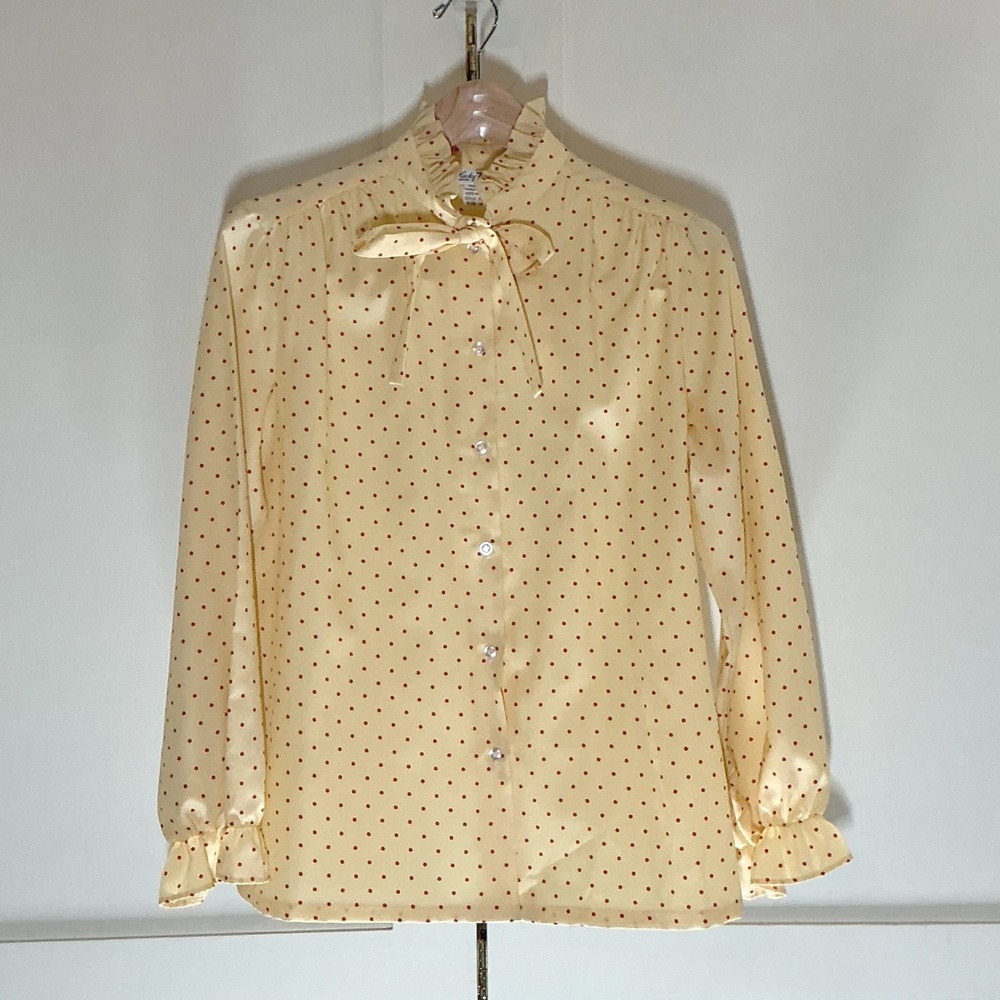Vintage Polka Dot Secretary Blouse Women Size 14 Yellow Ruffle Bow Retro Office